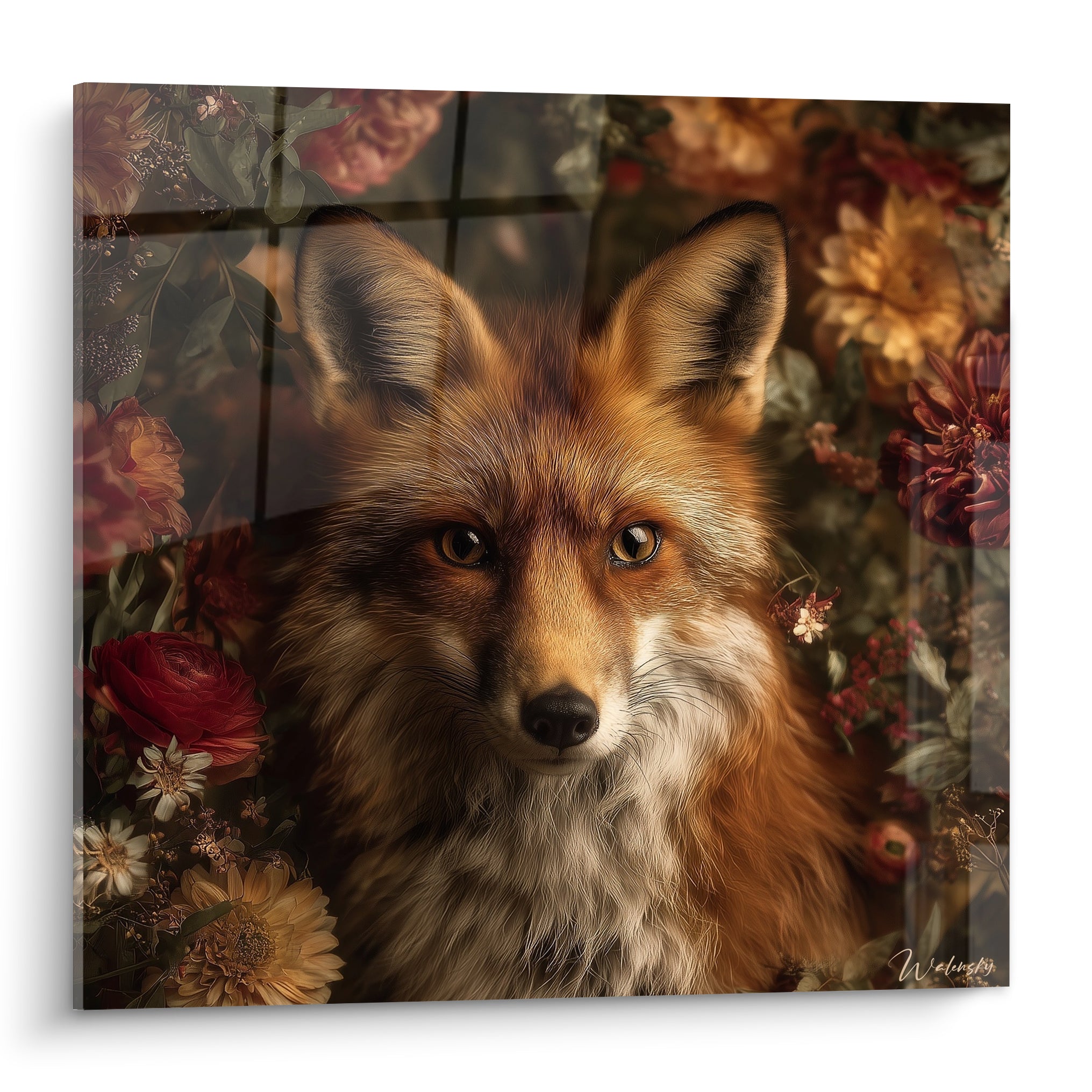Renard roux au regard ambré, fourrure fauve et crème, entouré de fleurs rouges et dorées