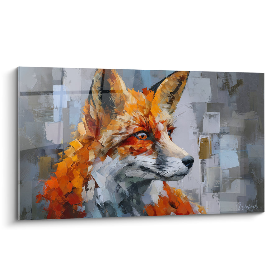Tableau Renard roux au fond gris cubiste géométrique - Empâtements en larges touches - Edition Renard