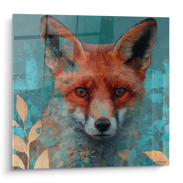 Tableau Roux au fond turquoise et rouille avec feuillage doré - Branche à feuilles dorées - Edition Renard