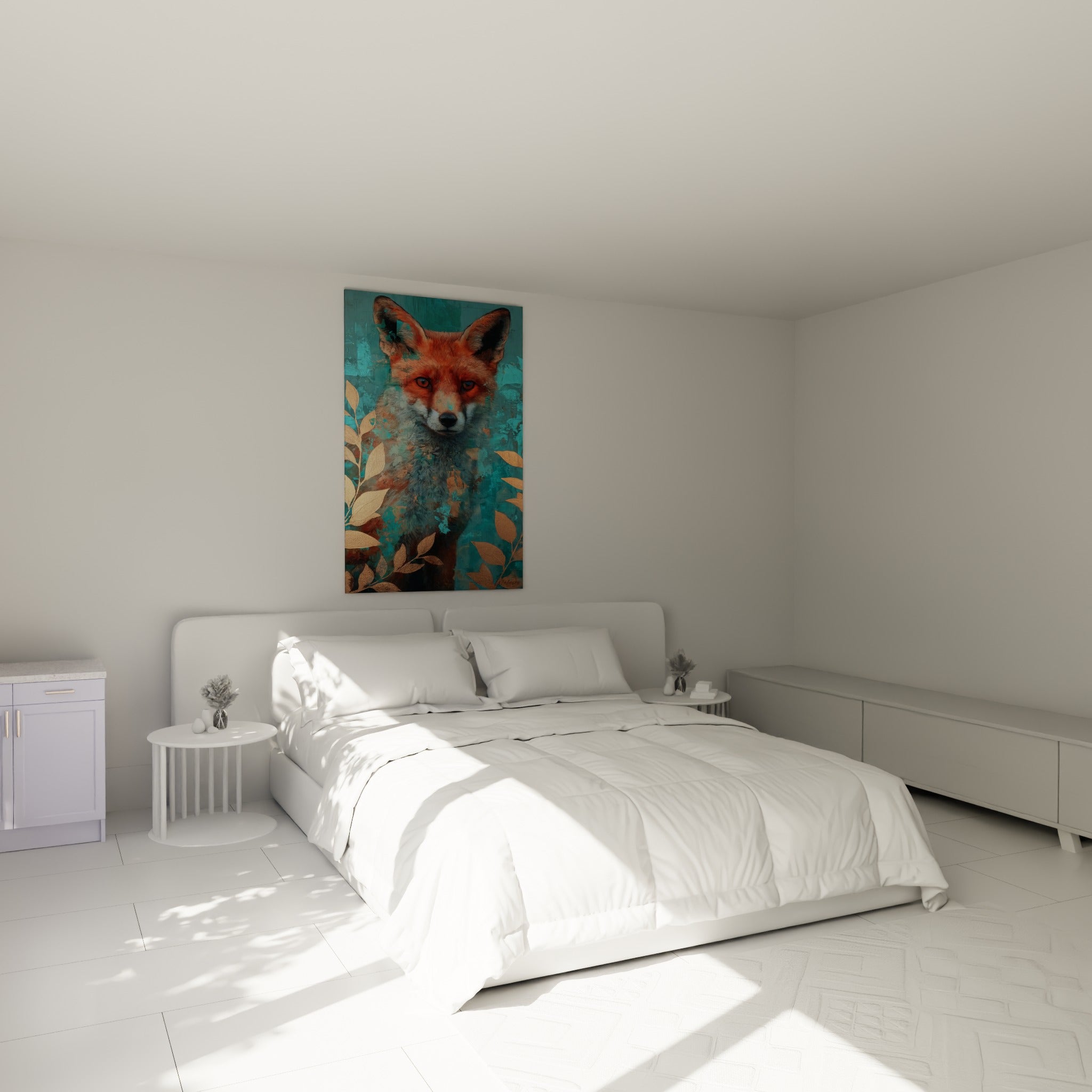 Museau blanc et pelage roux du renard turquoise accroché au-dessus d'un lit dans une chambre claire