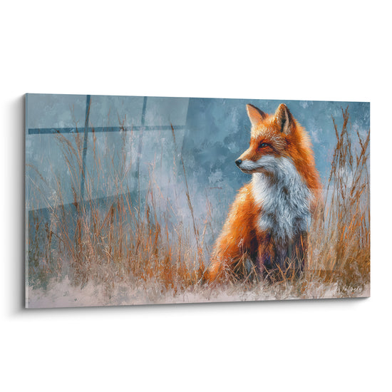 Renard roux assis dans les hautes herbes dorées, fourrure orangée et blanche sur fond bleu ardoise