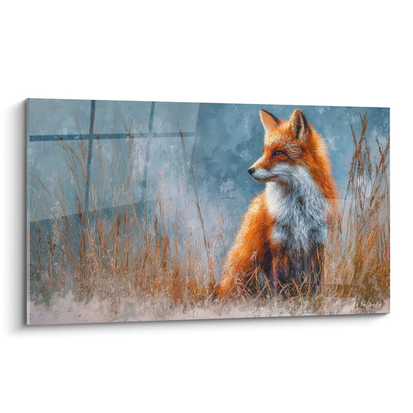 Tableau Renard roux assis parmi les hautes herbes - Veille hivernale - Edition Renard
