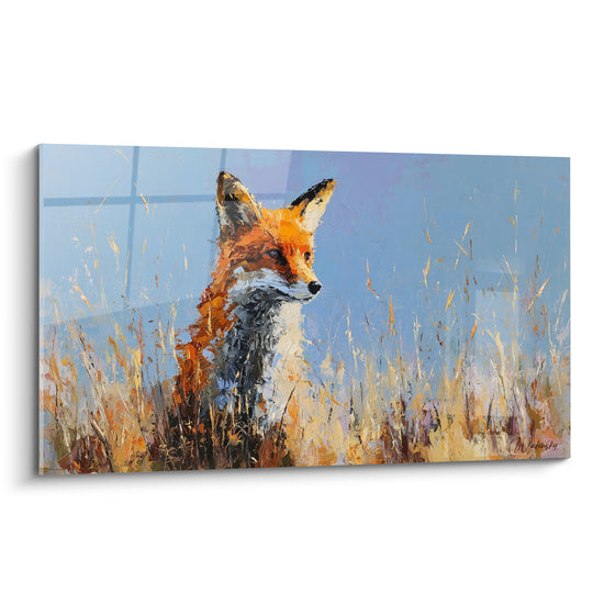 Renard roux aux oreilles dressées peint au couteau, fond bleu pastel et herbes dorées