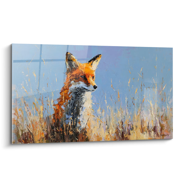 Tableau Roux aux oreilles pointues fond bleu ciel herbes hautes - Regard tourné de profil - Edition Renard
