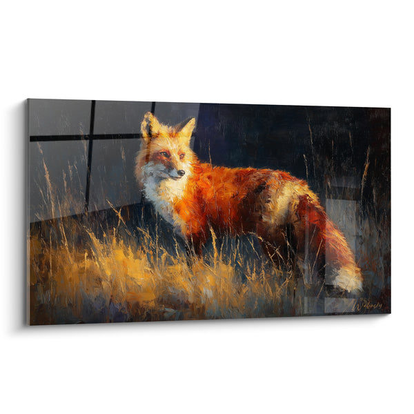 Tableau Renard roux dans les hautes herbes dorées - Vigilance nocturne - Edition Renard