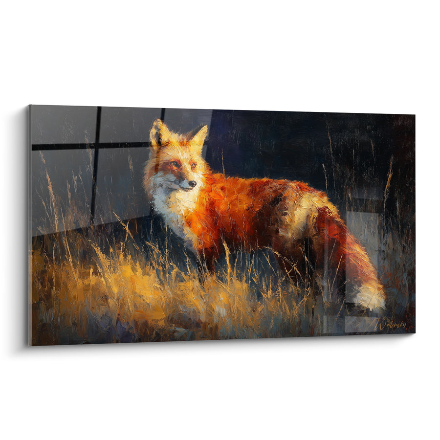 Tableau Renard roux dans les hautes herbes dorées - Vigilance nocturne - Edition Renard