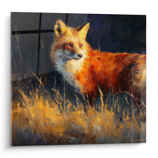 Renard roux au pelage orangé et fauve, museau blanc, dressé dans des herbes dorées sur fond anthracite