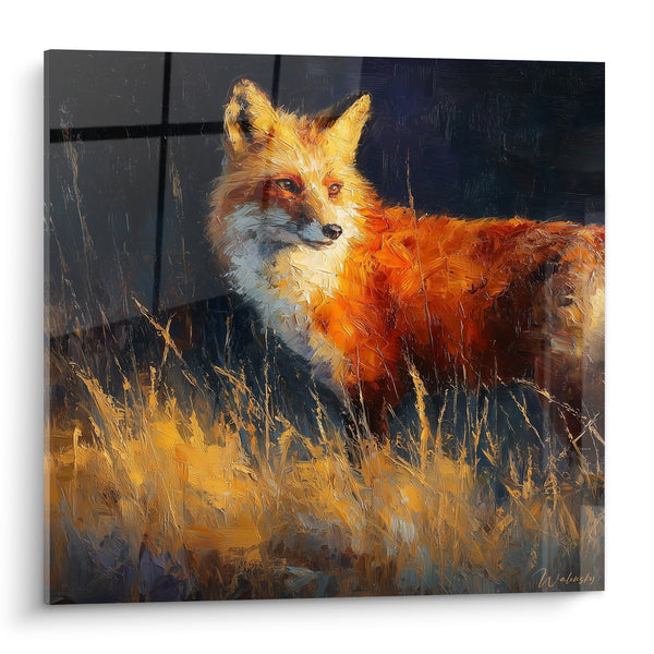 Tableau Roux debout parmi hautes herbes dorées et bleutées - Empattements de peinture texturée - Edition Renard