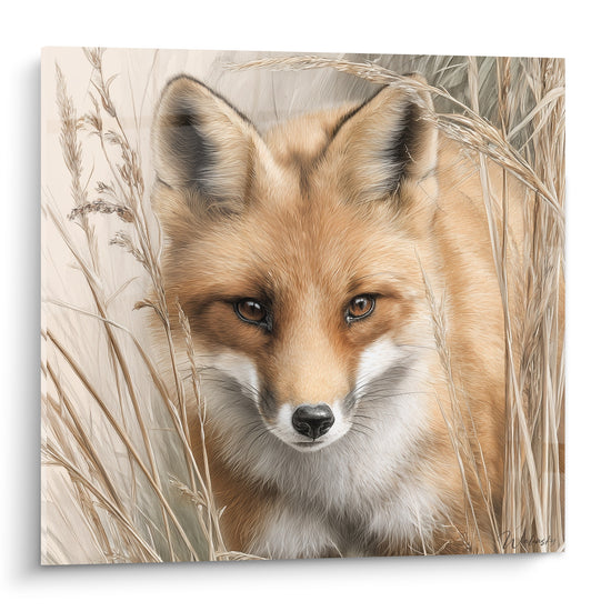 Renard roux au regard ambré, oreilles dressées entre herbes dorées et beiges sèches