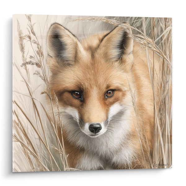 Tableau Renard roux entre les hautes herbes dorées - Regard des herbes - Edition Renard