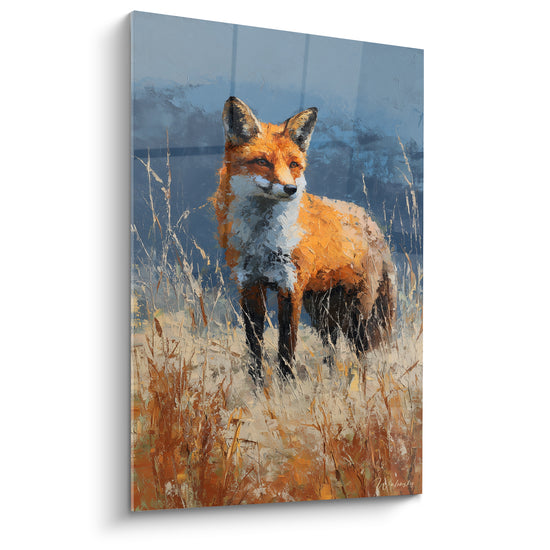 Tableau Renard debout aux pattes noires givrées - Herbes hivernales sèches - Edition Renard
