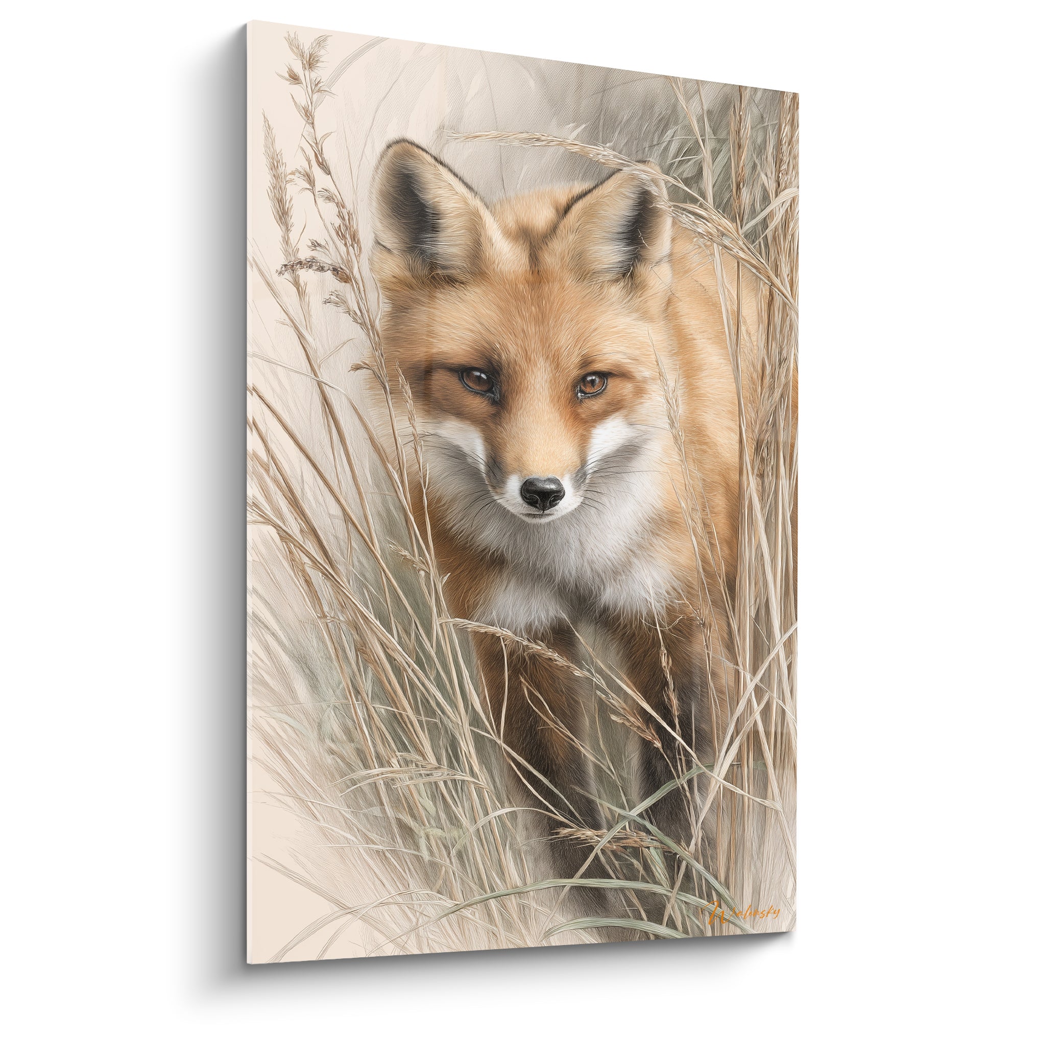 Renard roux au regard perçant, pelage orangé et blanc, niché dans les herbes hautes beige