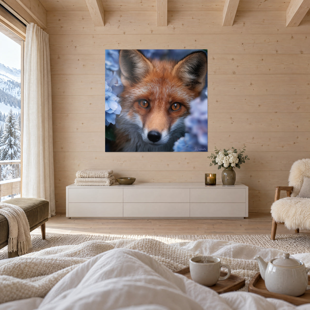 Gemälde Fuchs mit bernsteinfarbenem Blick und kupferfarbenem Fell zwischen lavendelblauen Blüten, eine Person von hinten, über einem Bett in einem hellen Schlafzimmer