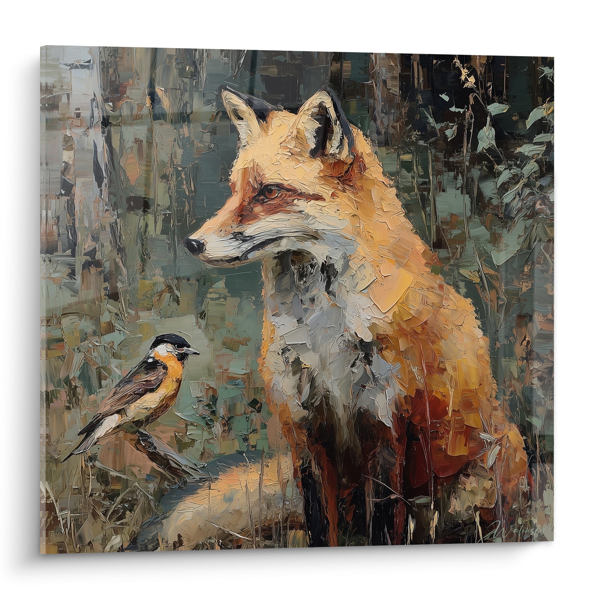 Renard roux et oiseau orangé face à face, empâtements texturés sur fond vert sauge et anthracite