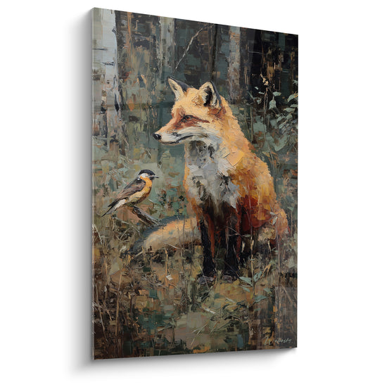 Tableau Renard roux et oiseau en sous-bois - Rencontre furtive - Edition Renard