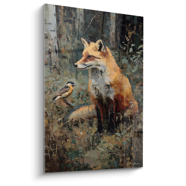 Tableau Renard roux et oiseau en sous-bois - Rencontre furtive - Edition Renard