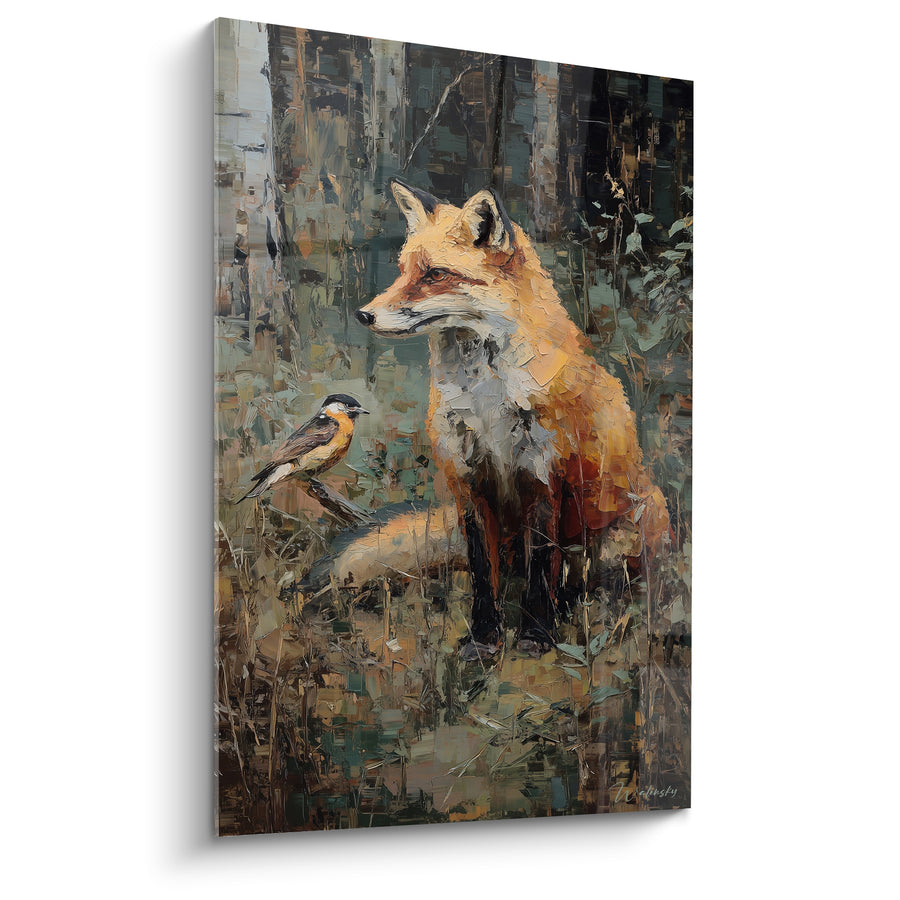 Tableau Renard roux et oiseau en sous-bois - Rencontre furtive - Edition Renard