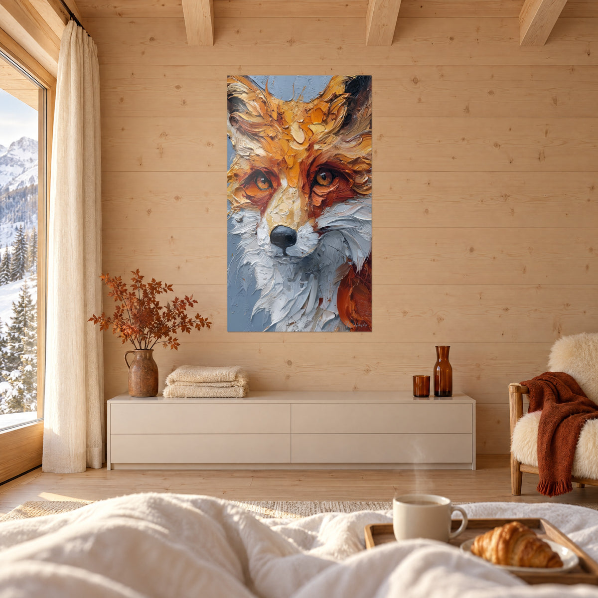 Tableau goupil roux au regard doré, coups de spatule orange et blanc sur fond bleu-gris, au-dessus d'un lit dans une chambre claire