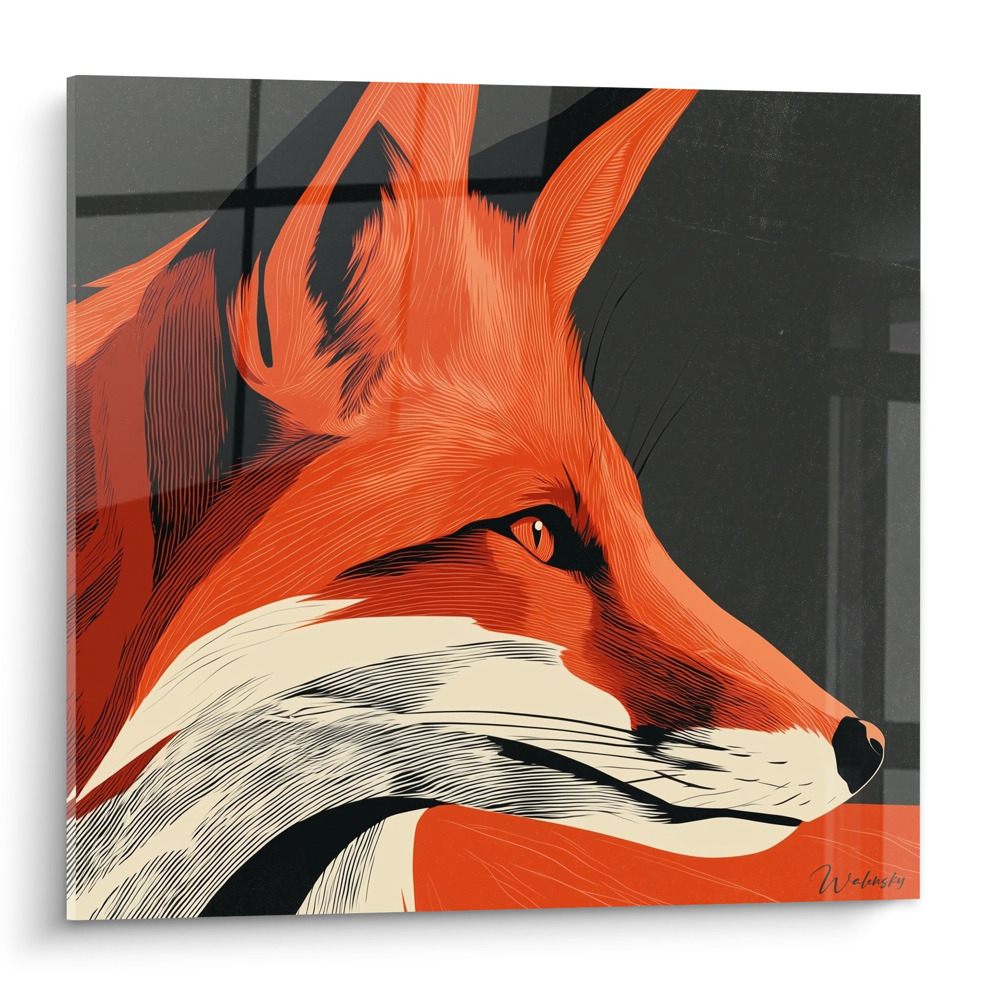 Renard roux au profil intense, pelage orange vif strié, fond anthracite graphique et museau crème