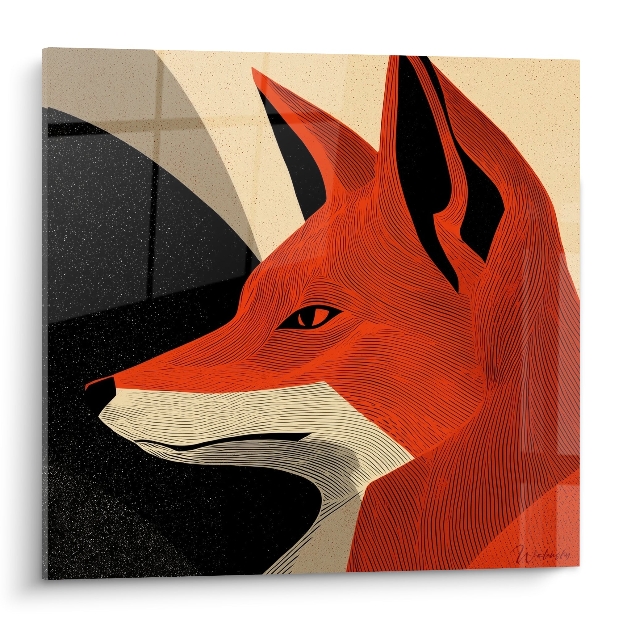 Renard roux au profil graphique, oreilles noires marquées, fond ocre et noir moucheté