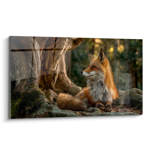 Tableau Roux allongé contre racines brunes et vertes moussues - Attention profil forestier - Edition Renard
