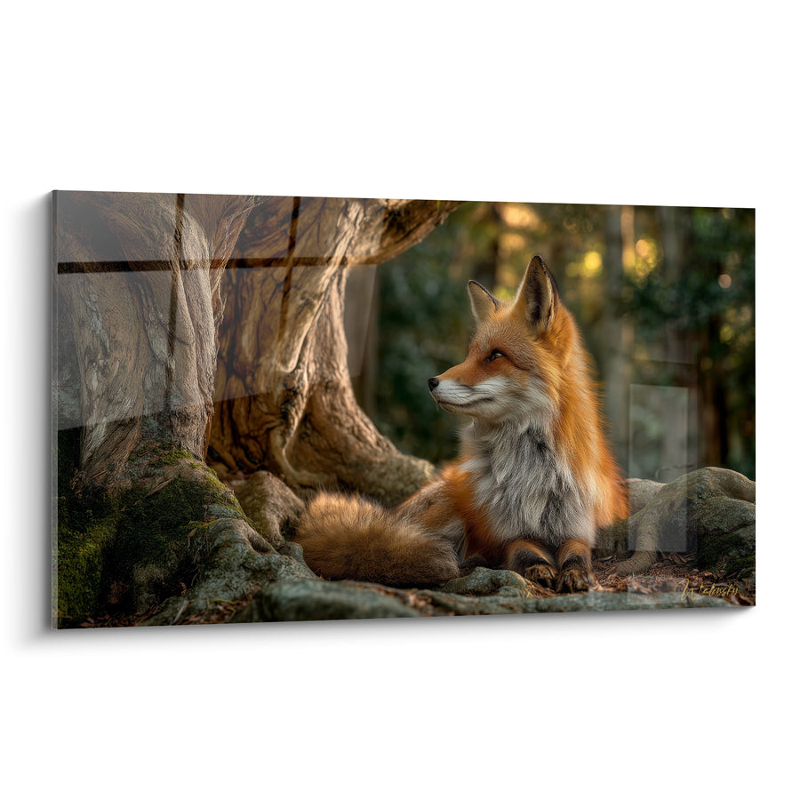 Tableau Roux allongé contre racines brunes et vertes moussues - Attention profil forestier - Edition Renard