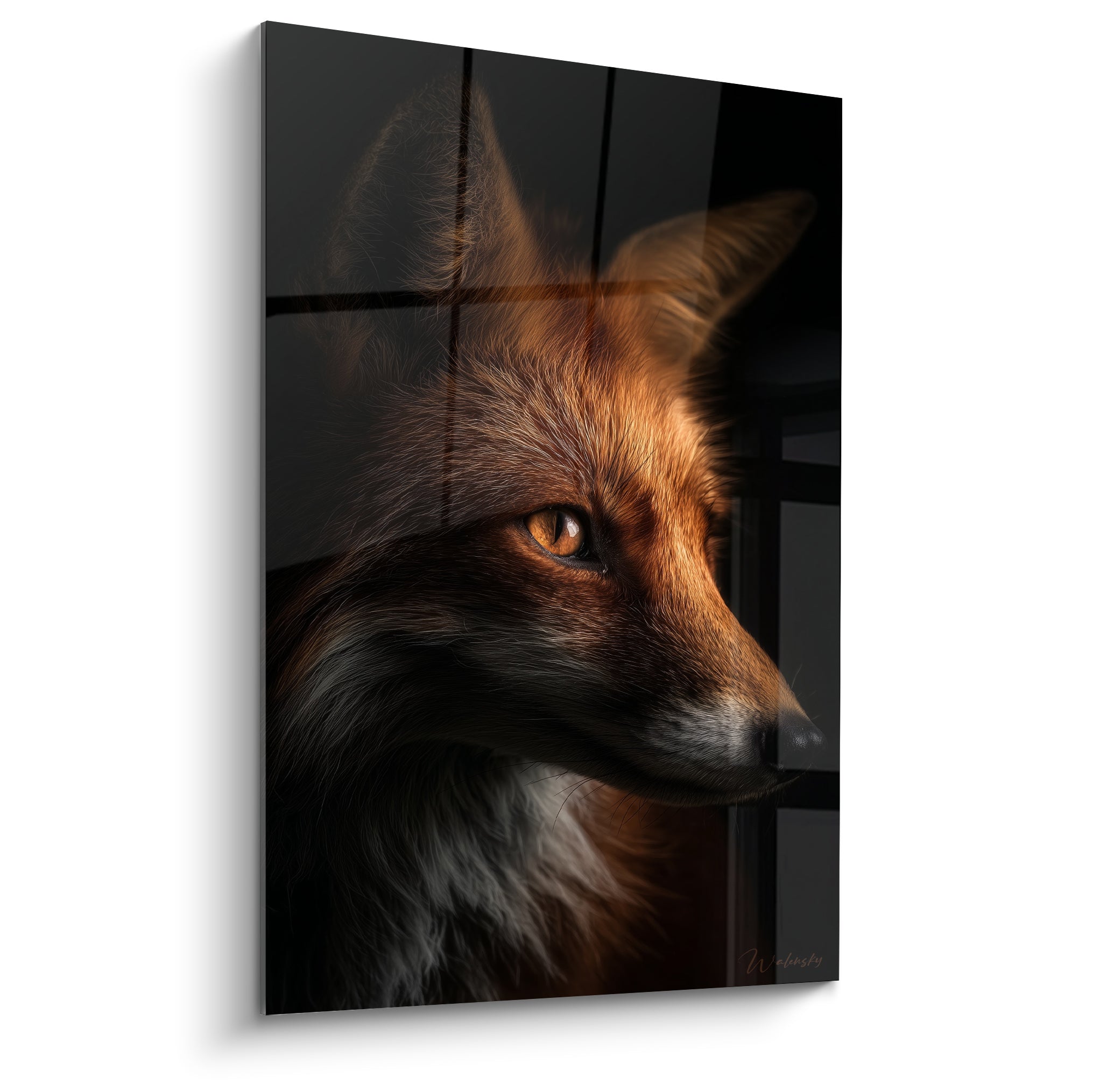 Renard roux au regard ambré intense, fourrure orange et fond anthracite, style photoréaliste saisissant