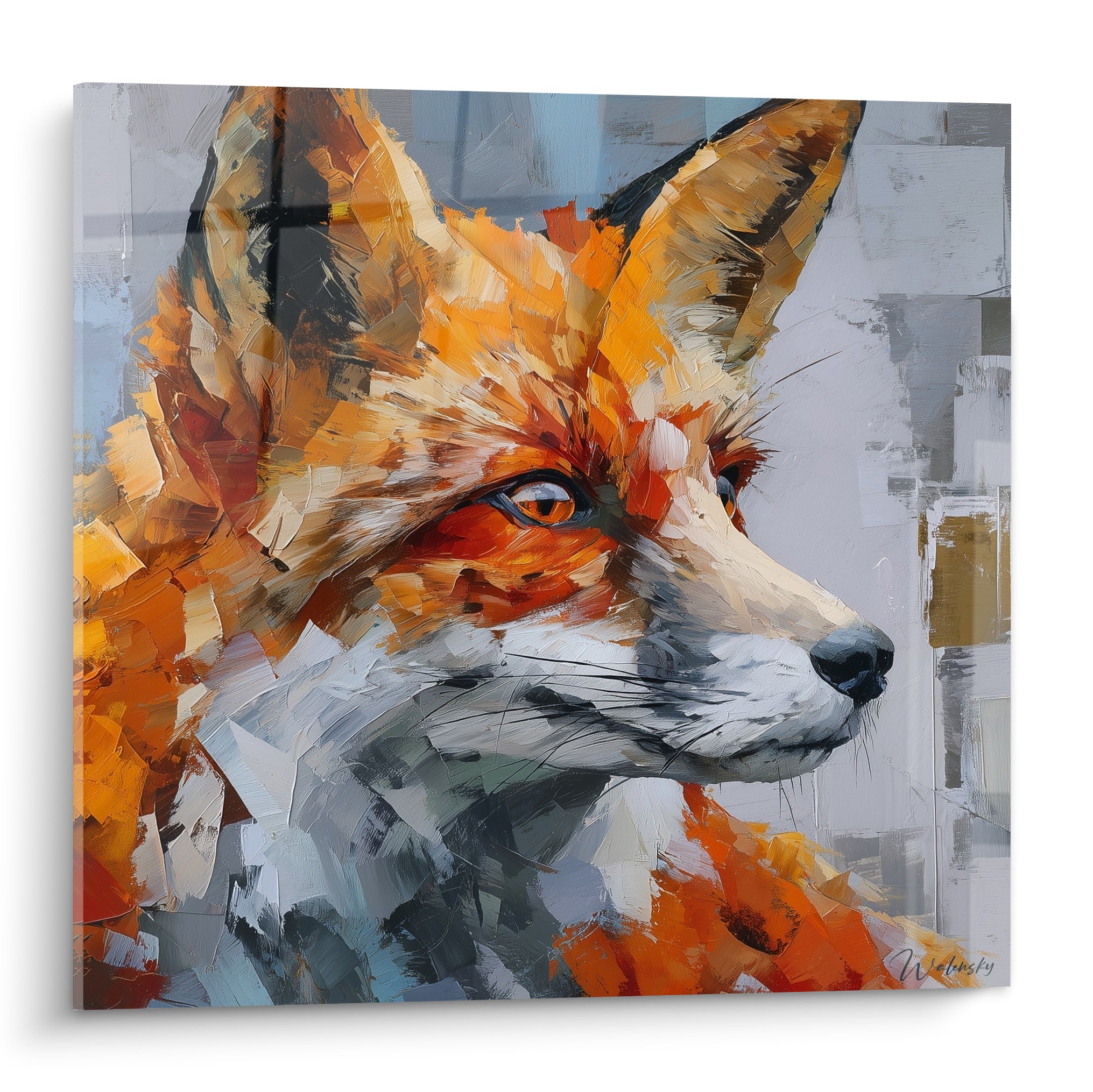 Renard roux au regard ambré, pelage orange et gris, technique picturale en empâtements texturés