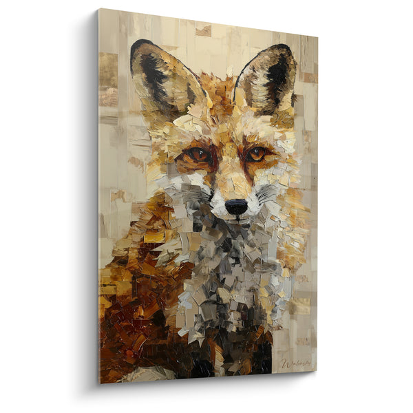 Tableau Renard roux au fond beige mosaïque poitrail argenté texturé - Empâtements au couteau - Edition Renard