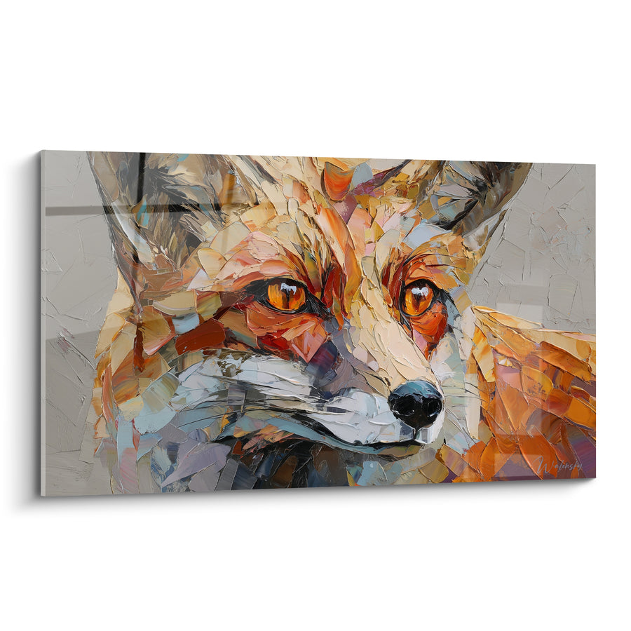 Tableau Renard roux et gris texture éclatée au couteau - Regard ambré intense - Edition Renard
