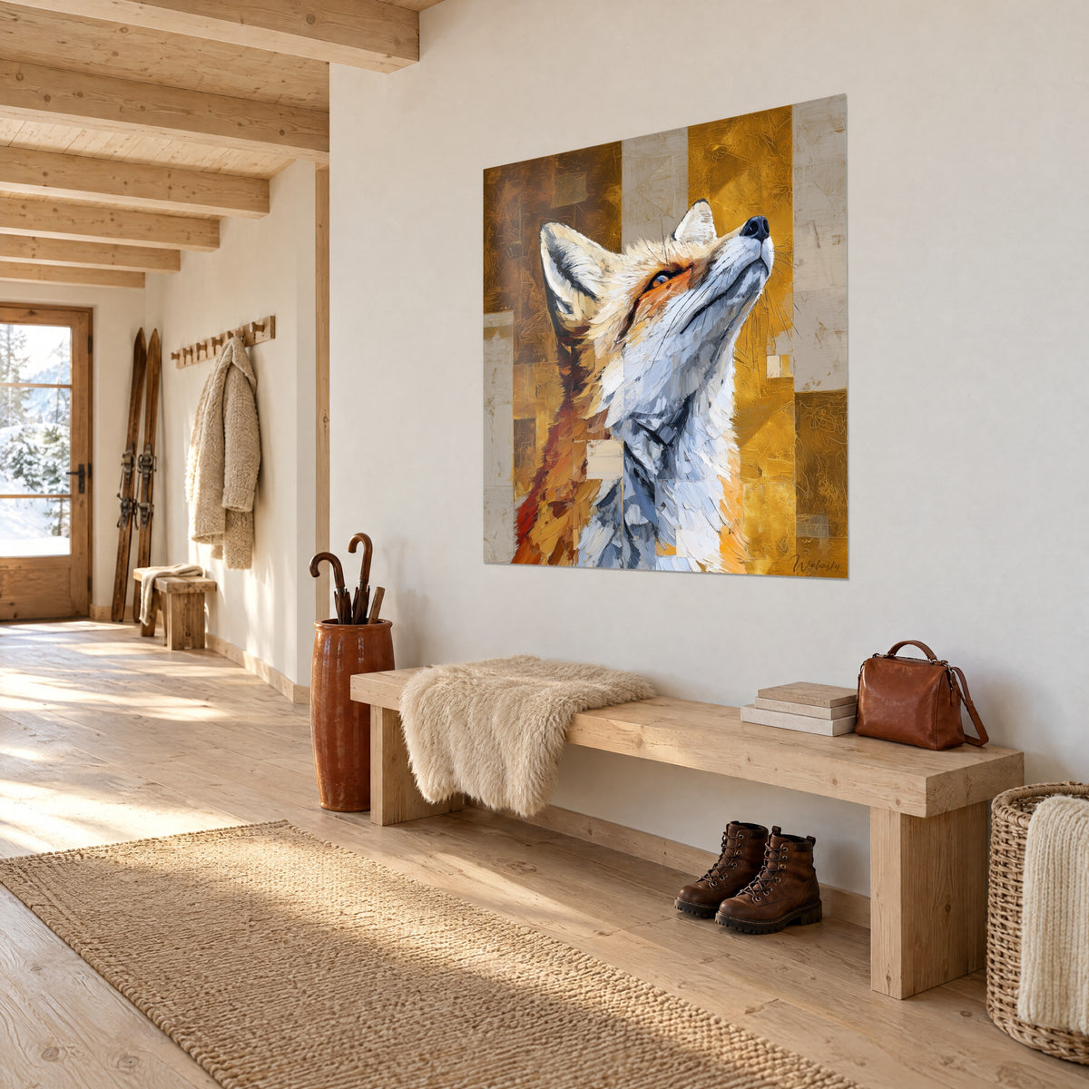 Wall art fox with white and orange fur, textured golden blocks, hung on the wall of a chalet entryway beside a wooden bench