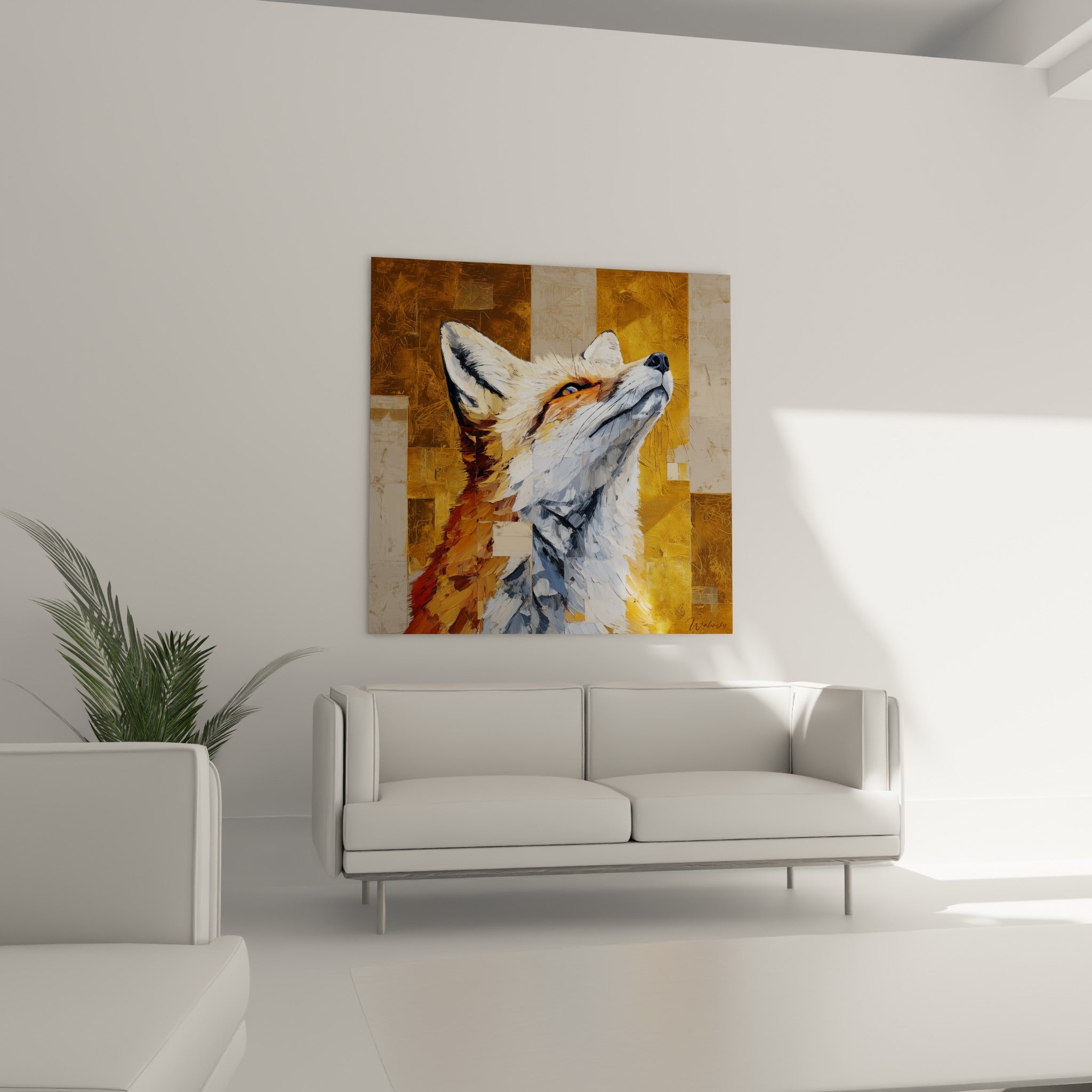 Regard bleu-gris du renard sur fond ocre et doré, au-dessus d'un canapé dans un salon lumineux