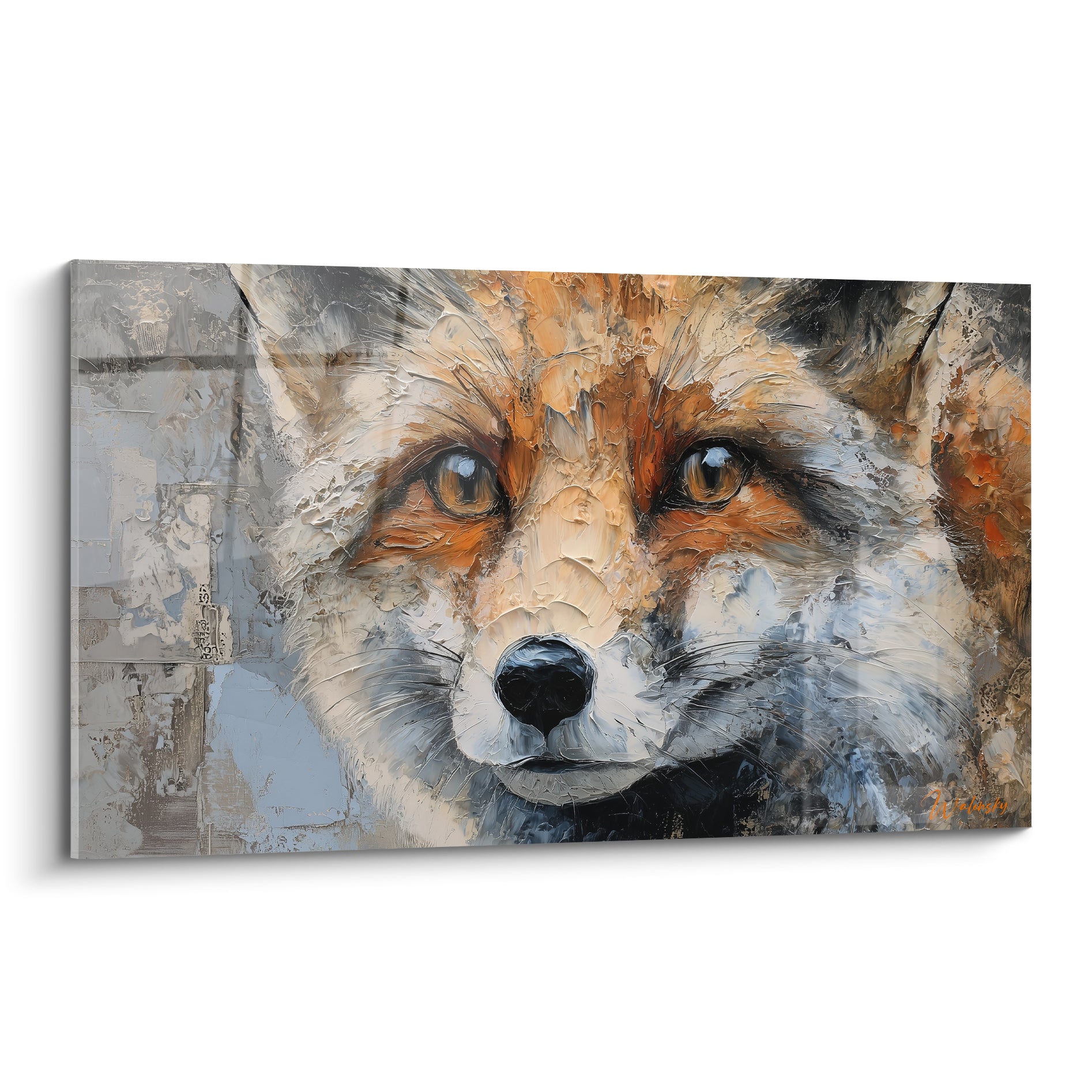 Renard roux au museau blanc et yeux dorés, peinture au couteau sur fond gris anthracite
