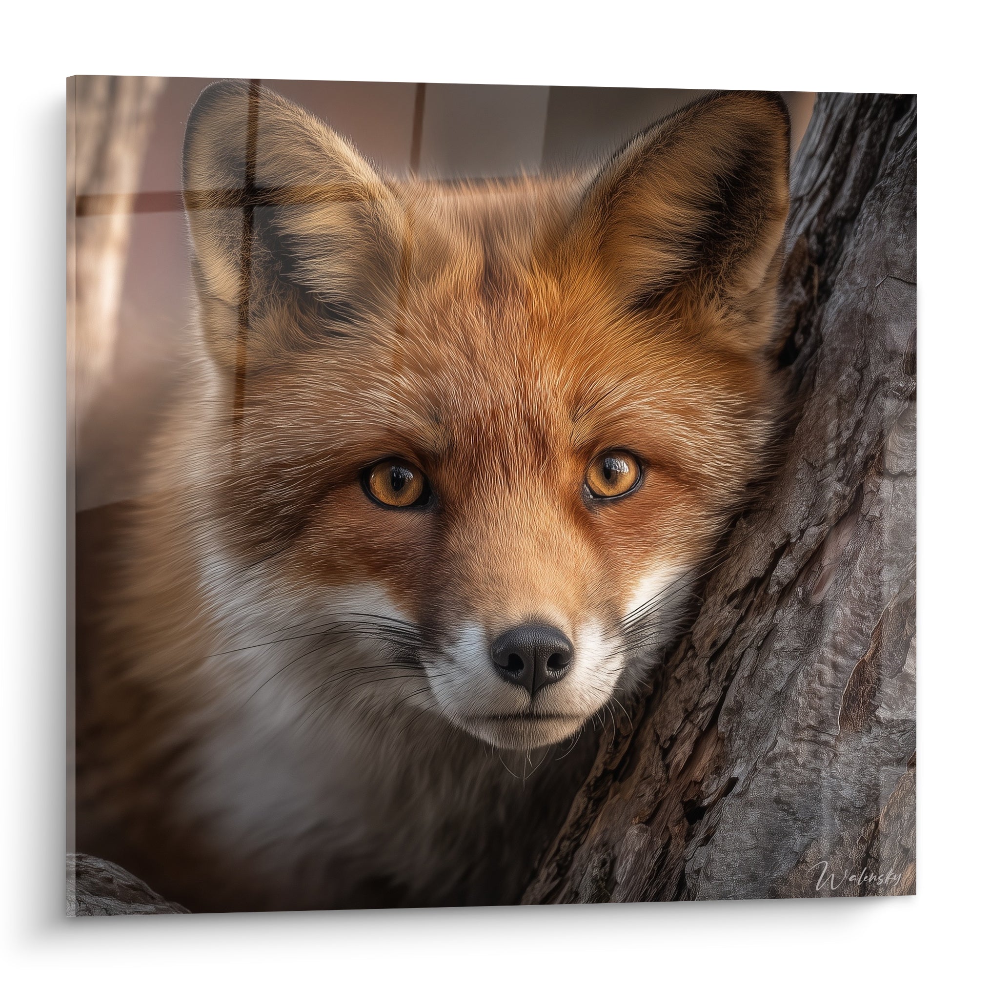 Renard roux au regard doré intense, museau blanc, niché contre une écorce brune texturée
