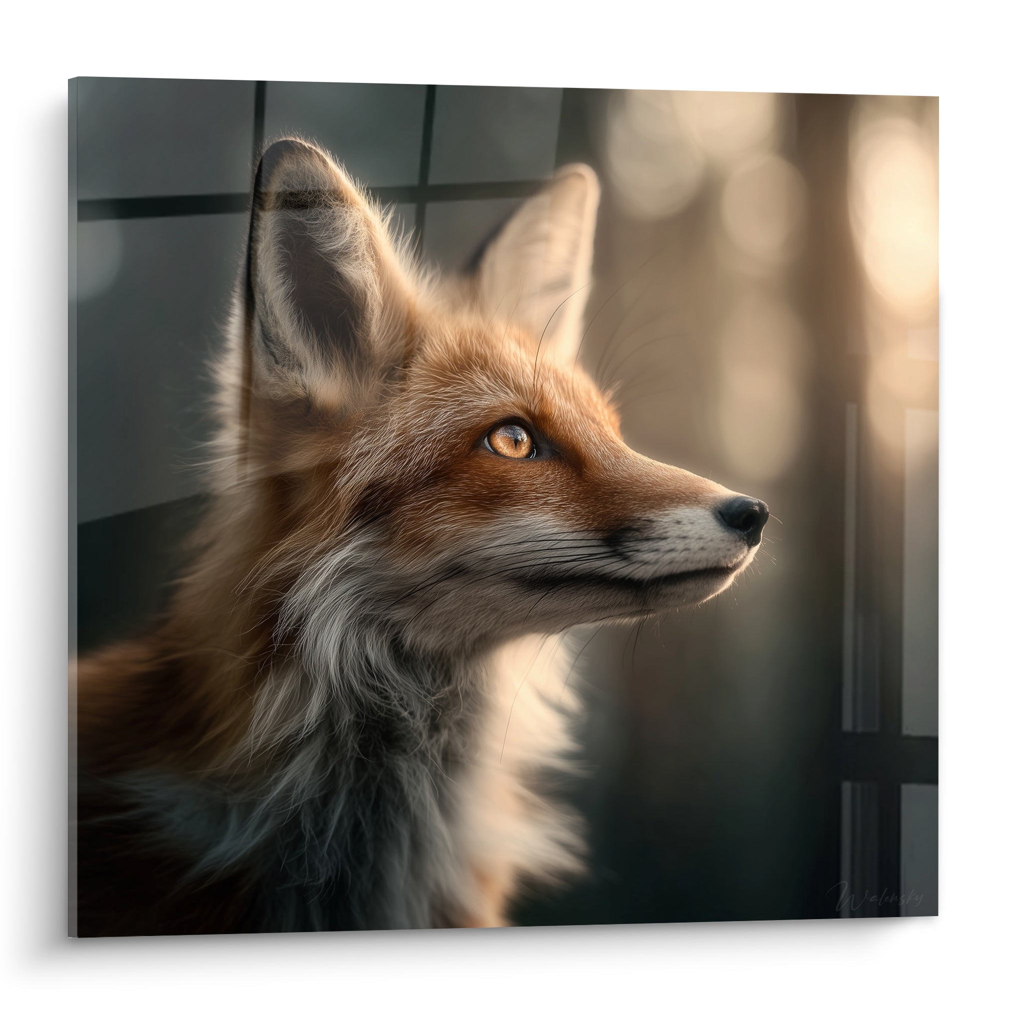 Renard roux au regard doré, fourrure blanche et fauve, fond anthracite flouté et lumineux
