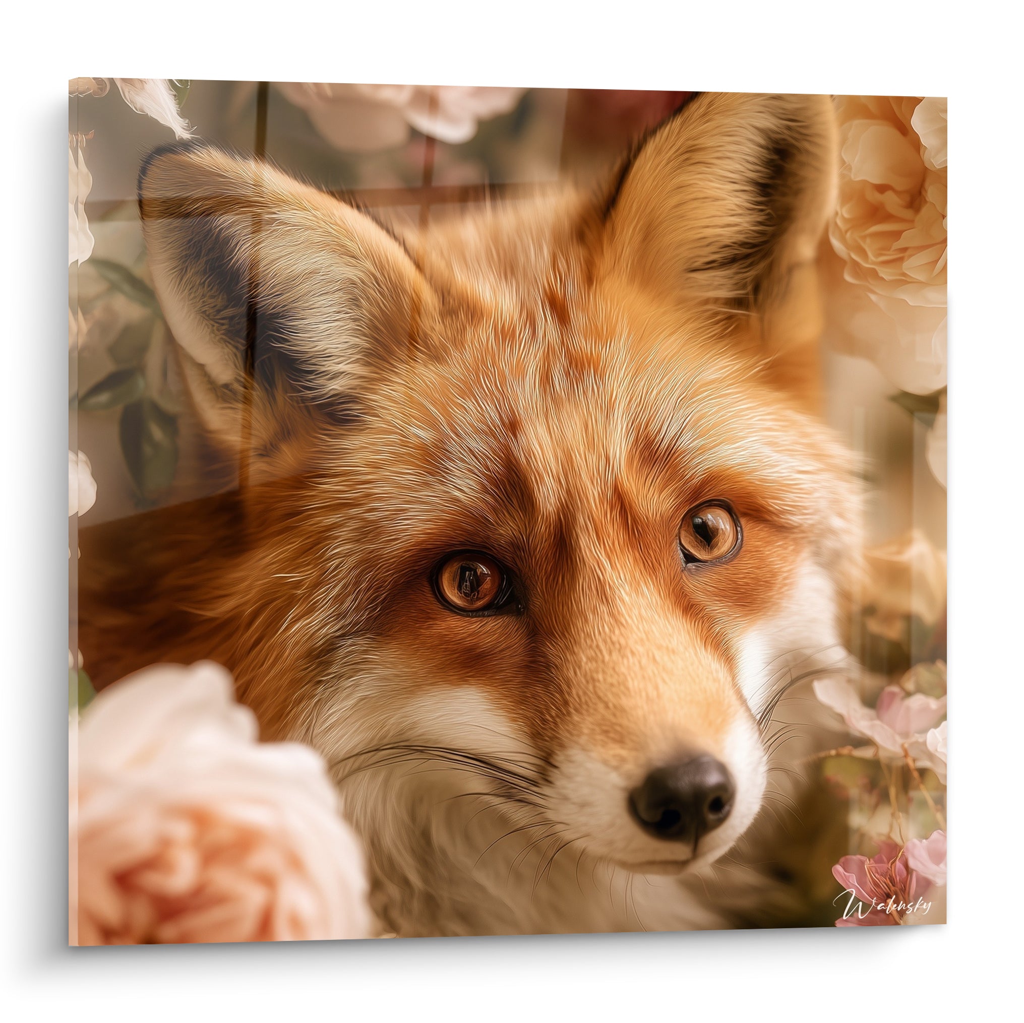 Renard roux au regard ambré, museau blanc, entouré de roses rose poudré et pêche vaporeuses