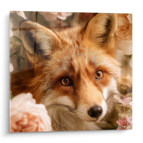 Tableau Renard roux gros plan roses pêche pâles - Museau et moustaches fines - Edition Renard