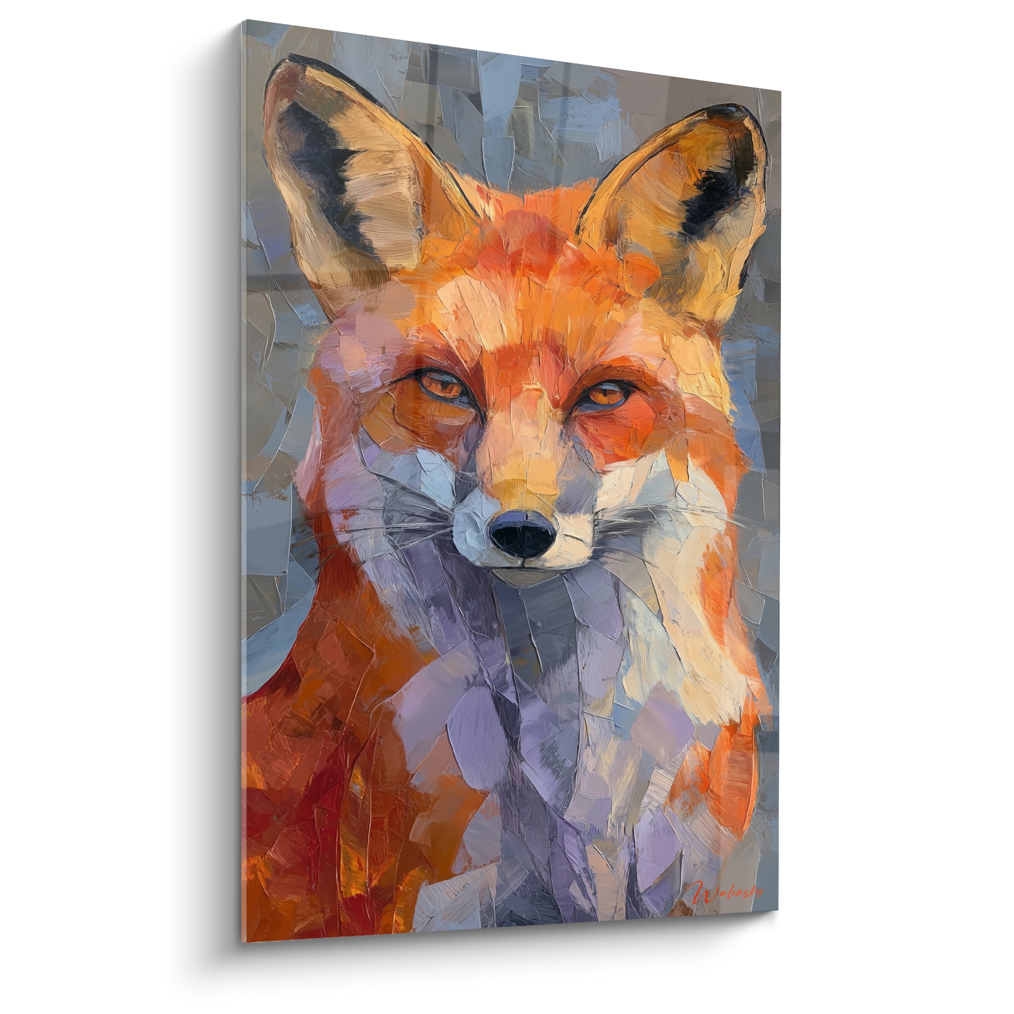 Renard roux au regard perçant, pelage orangé et mauve, fond gris texturé en touches empâtées.