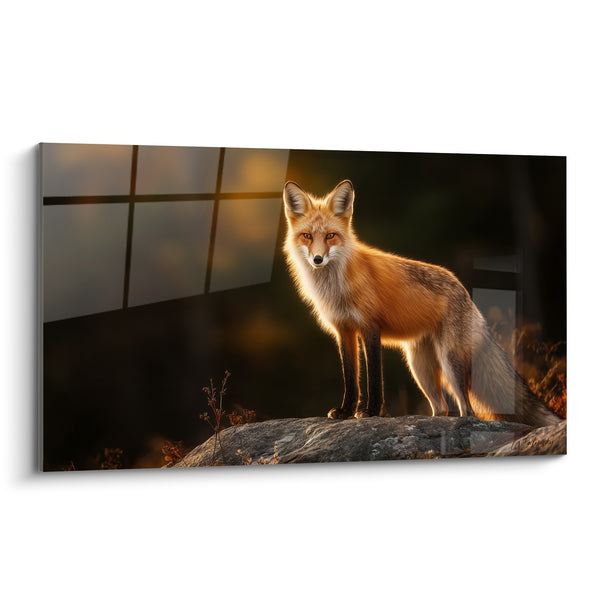 Tableau Renard roux debout sur rocher gris et noir - Herbes sèches au sol - Edition Renard