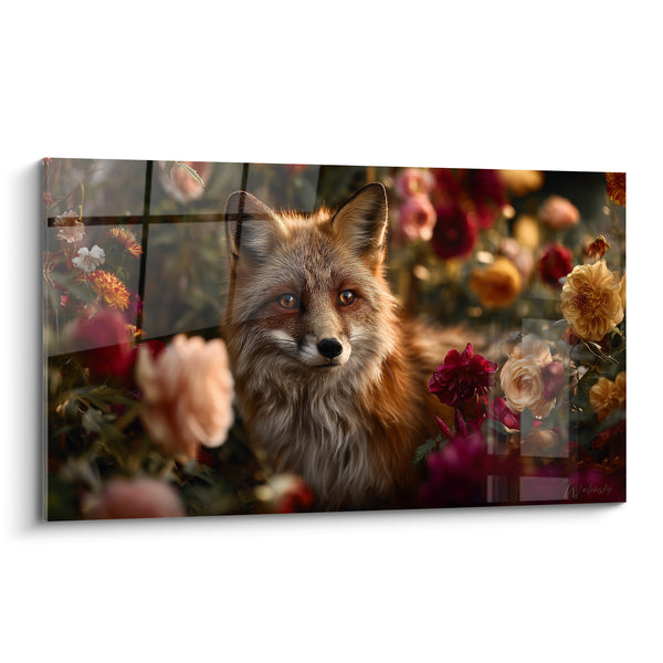 Tableau Renard roux parmi roses pourpres et dorées - Jardin secret - Edition Renard