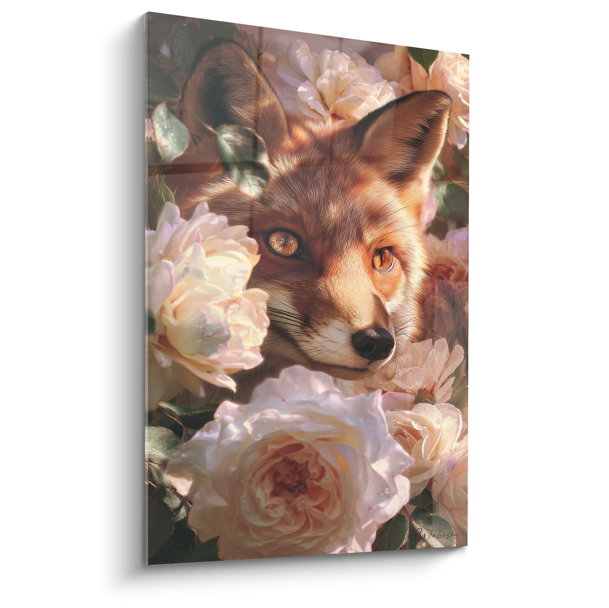 Renard roux au regard ambré émergeant de roses crème et feuillage vert olive délicat