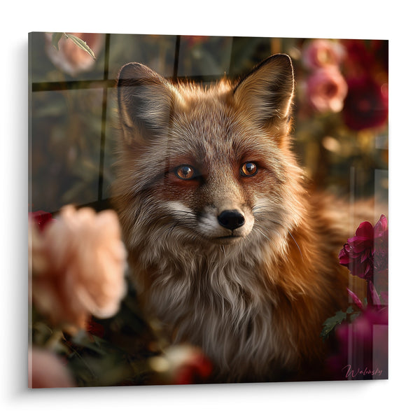 Tableau Renard roux parmi les roses fuchsia - Grâce sauvage fleurie - Edition Renard
