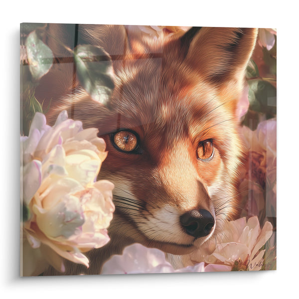 Tableau Renard roux niché parmi les roses - Regard entre les pétales - Edition Renard