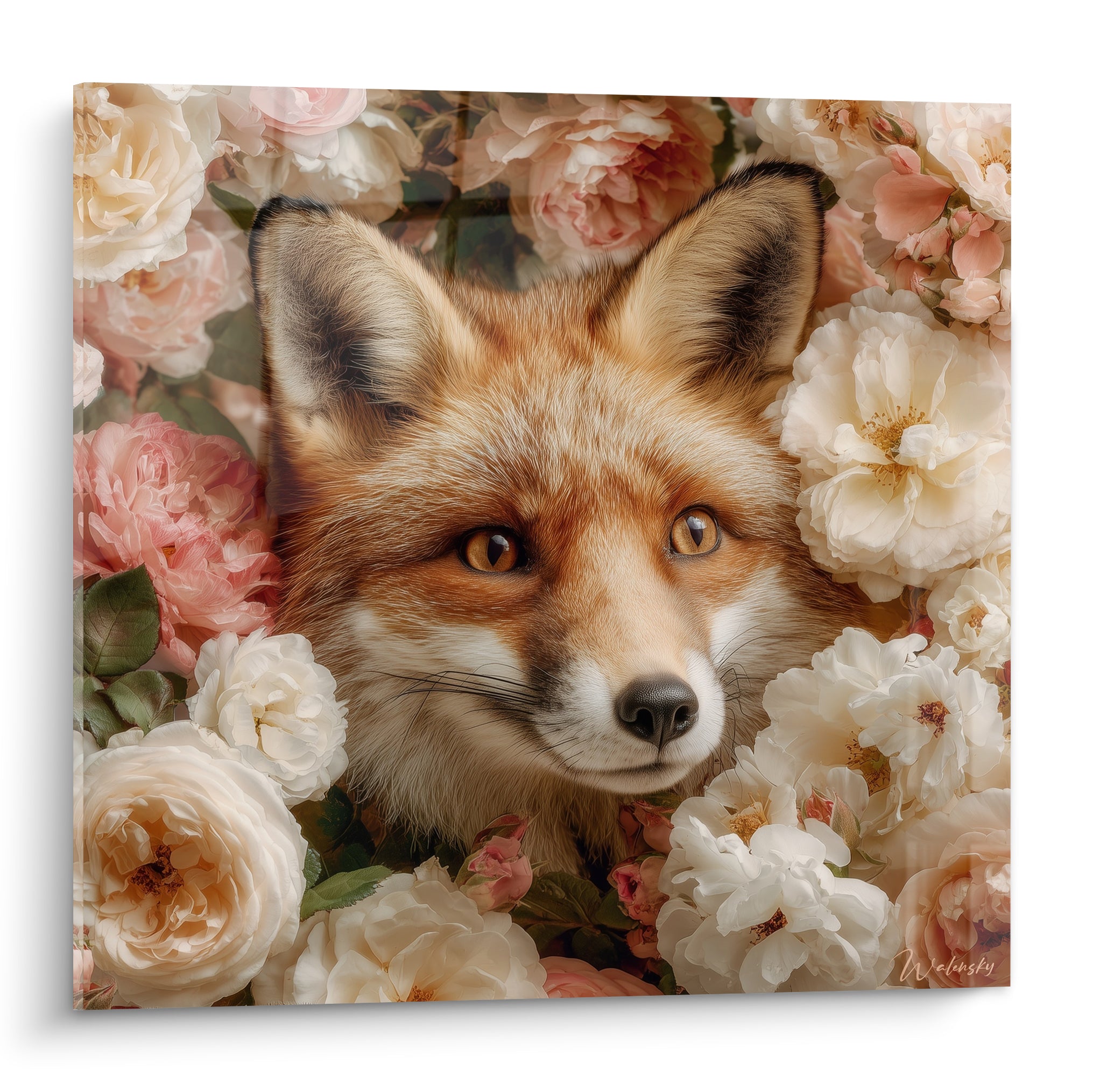 Renard roux au regard ambré niché dans des roses blanches et rose poudré
