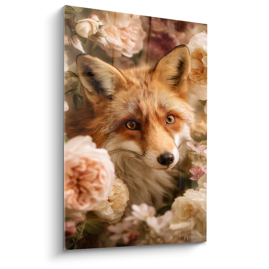 Renard roux au regard ambré niché parmi des roses rose pâle et crème délicates