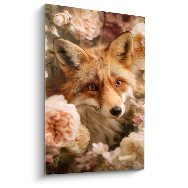 Tableau Roux au visage orangé et rose entouré de pivoines pâles - Regard doré et velouté - Edition Renard