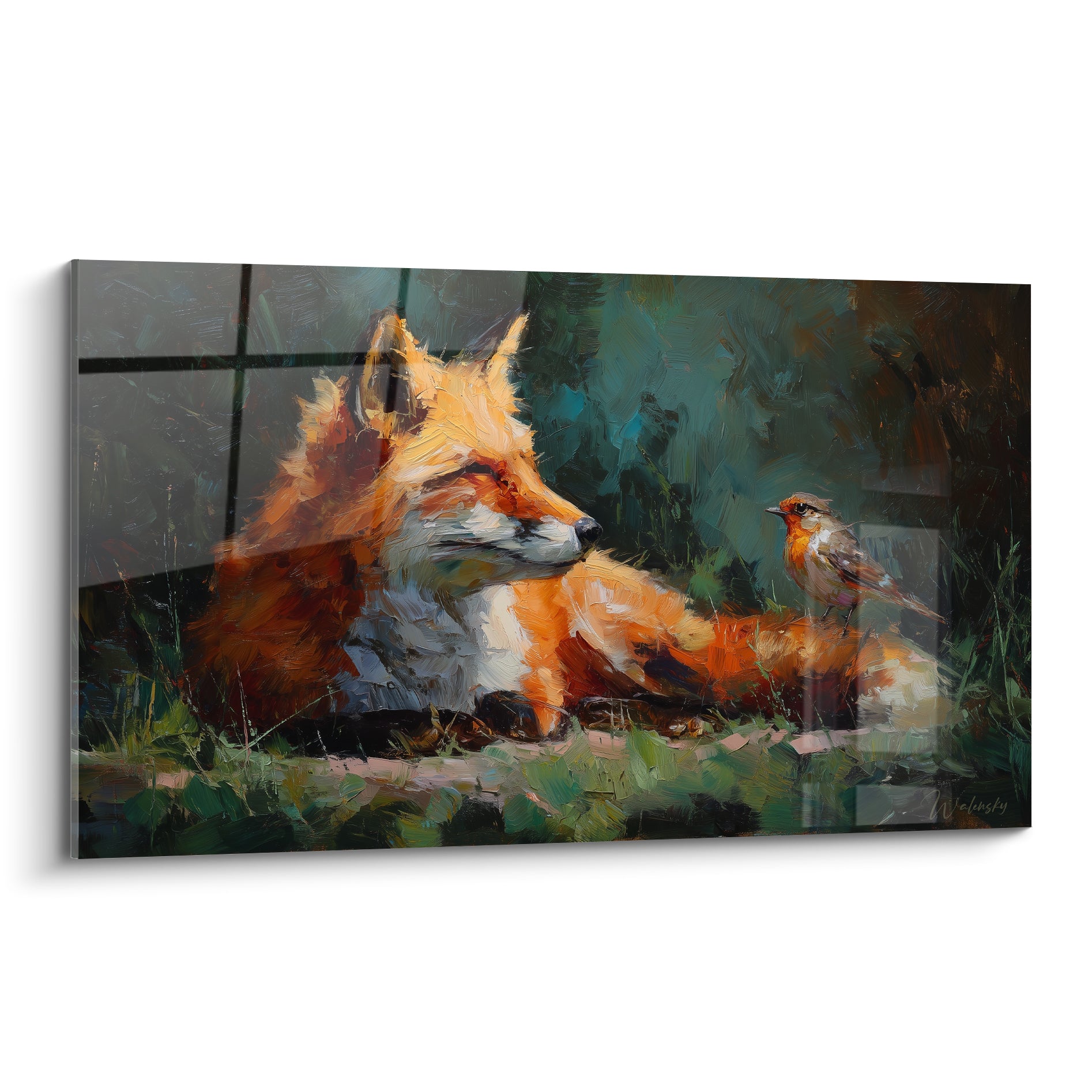 Renard roux allongé face à un rouge-gorge, pelage orange et fond vert sombre peint à la spatule