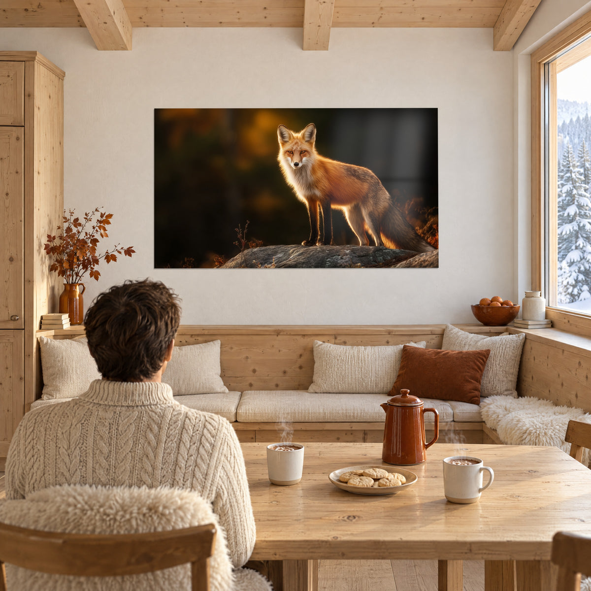 Quadro volpe in piedi sulla pietra, zampe nere e manto ramato, di fronte a un tavolo di legno in un soggiorno di chalet