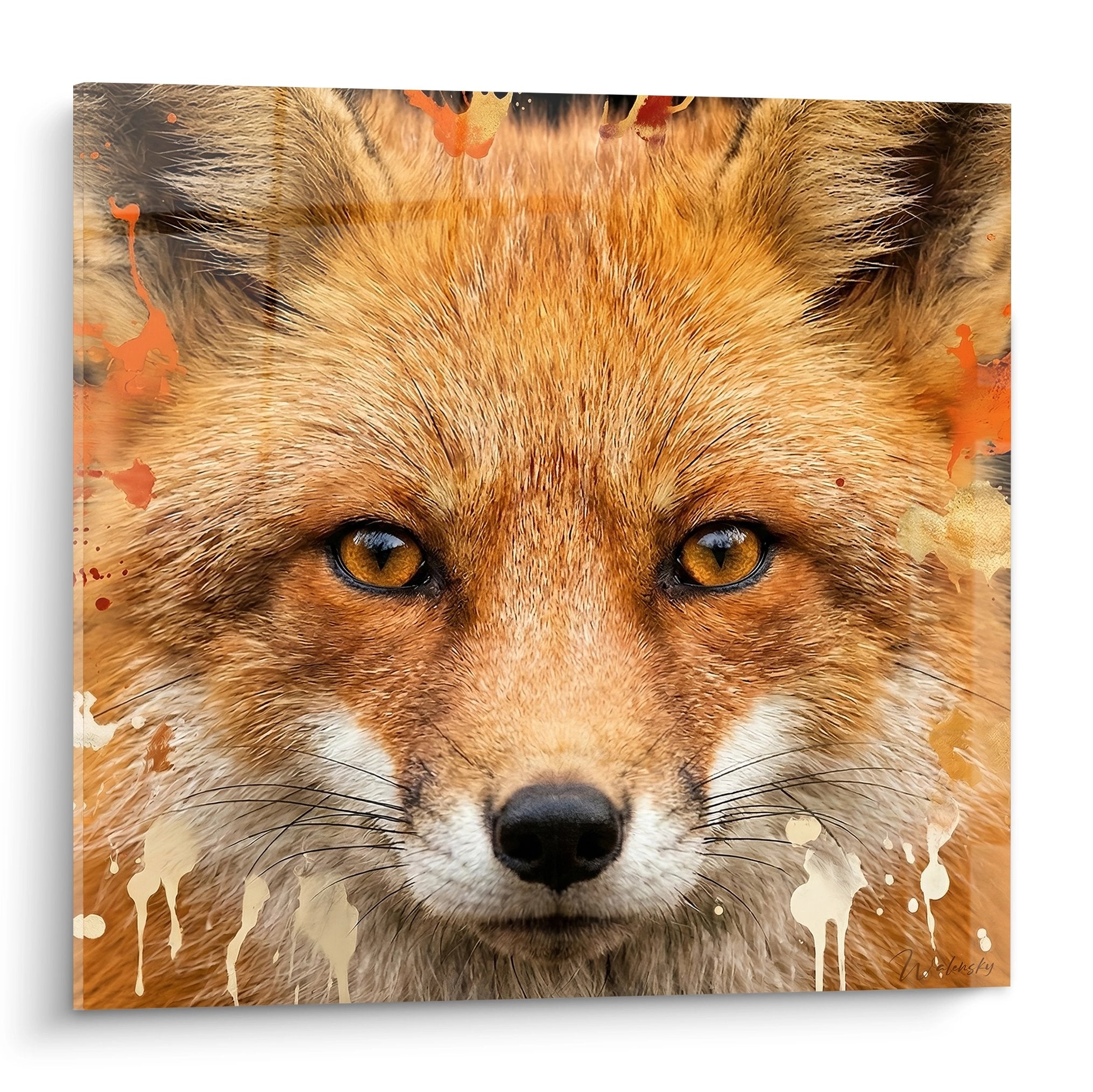 Tableau street art renard roux yeux ambrés éclaboussures peinture orangée style urbain contemporain