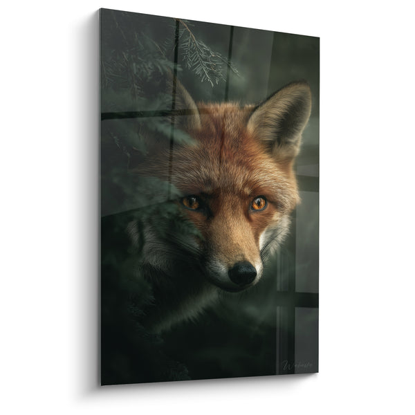 Tableau Renard roux et vert sous branche de pin - Reflet quadrillé sombre - Edition Renard